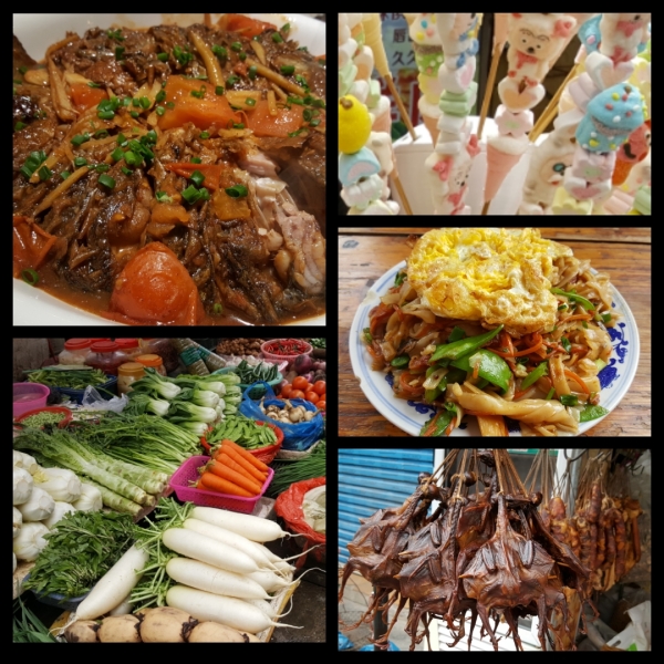 A collage of food we have seen or eaten in Yangshuo, China. The Top left is Beer Fish. Moving clockwise, there is candy on sticks, fried noodles with an egg on top, dried pigeons, and a table of fresh vegetables.